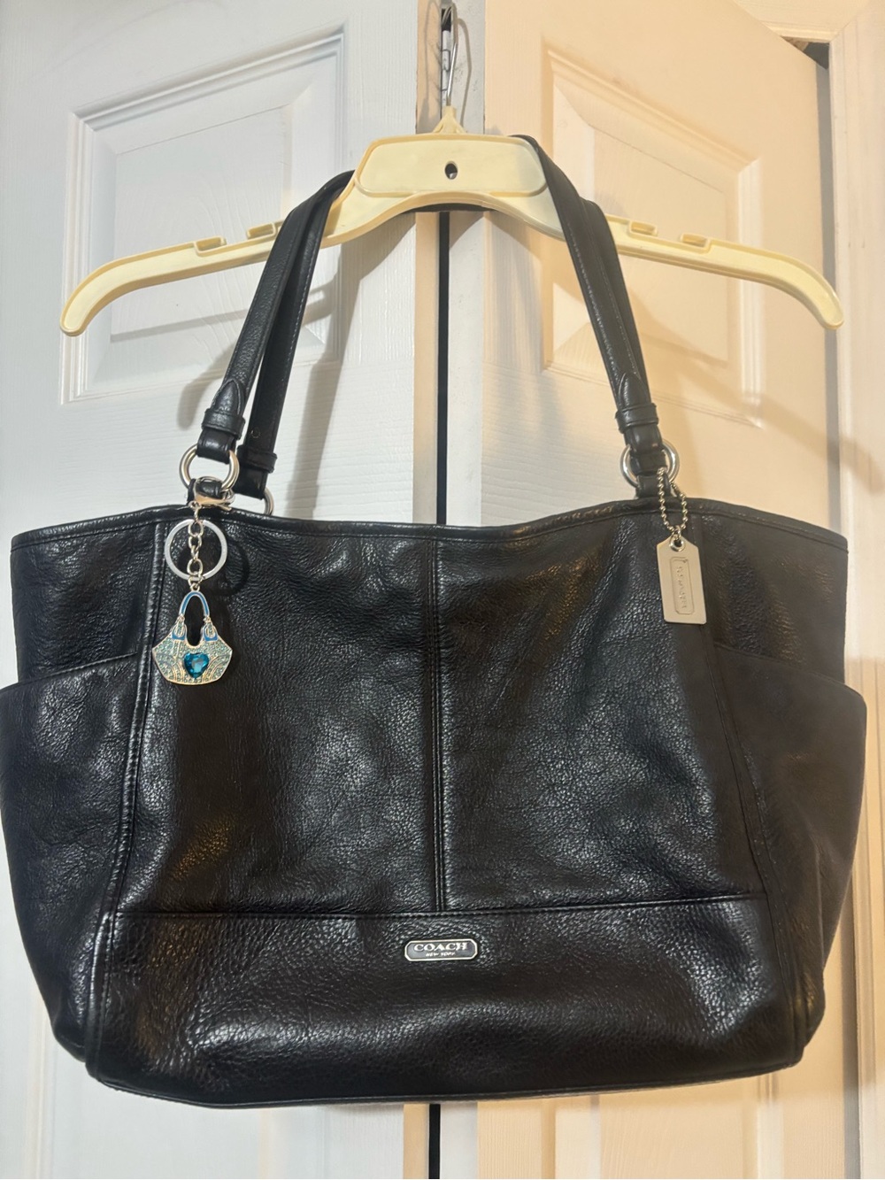 Coach Black Pebbled Leather Tote with Charm Accent